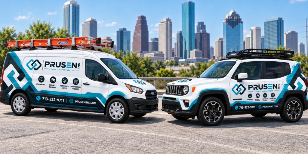 PRUSEN service van and SUV with company branding, Houston skyline behind